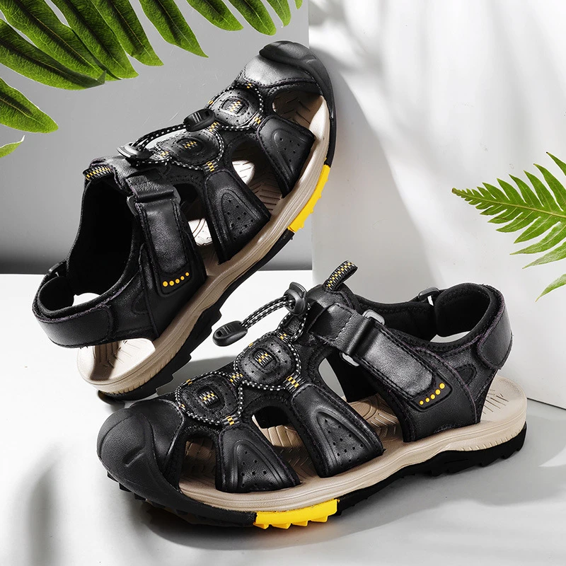 Large Size New Summer Men's Top Layer Cowhide Bag-Toe Casual Outdoor Beach Sandals Comfortable Velcro Non-Slip Breathable - view 5
