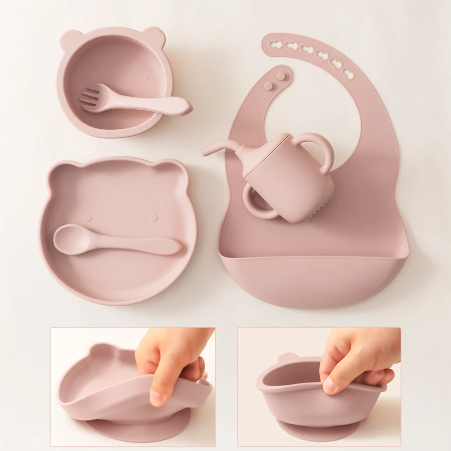 6PCS Baby Silicone Dinner Set Waterproof Bib Cartoon Bear Shape Dishes Bowl Soft Utensils Portable Cup Tableware Sets For Baby