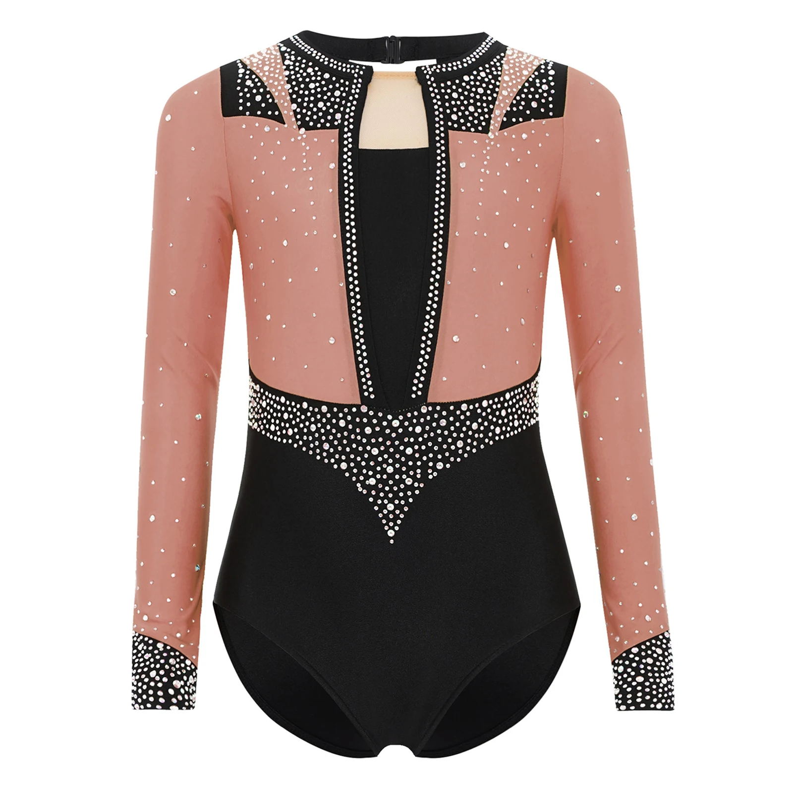 

Kids Girls Rhinestones Gymnastics Ballet Dance Leotard Long Sleeve Keyhole Back Bodysuit Stage Ballroom Performance Costume