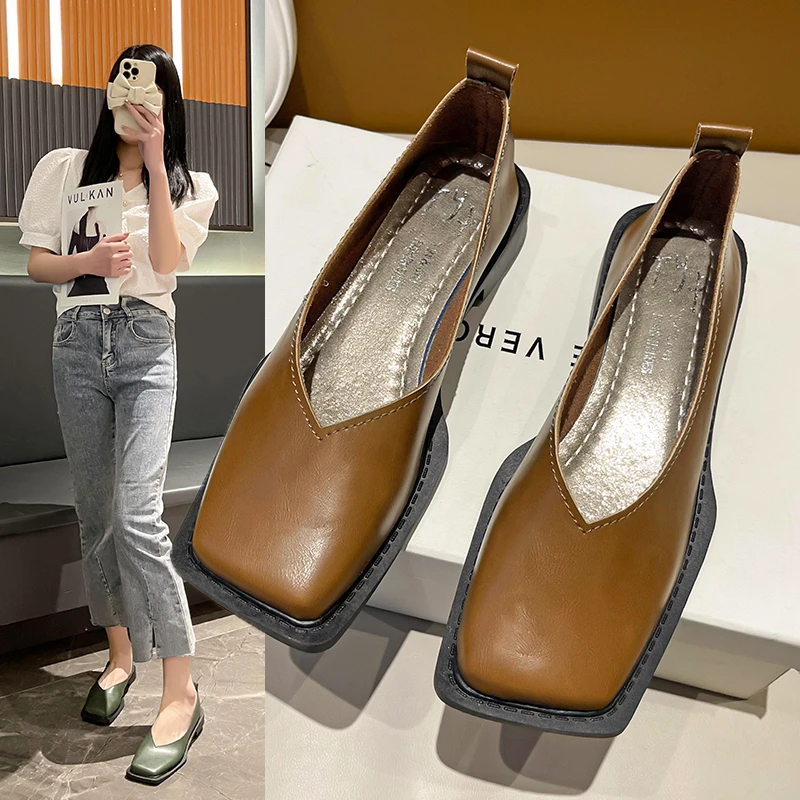 2024 Flat Shoes Women Square Toe Single Shoes Simple Temperament Leather Shoes Spring Autumn 4 Colors