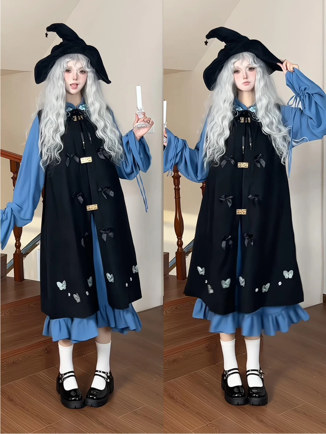 Thickened Fleece Ming Dynasty Style Lolita Dress Women's Autumn Winter Long Sleeve Dress Collar Button up Hanfu Gown