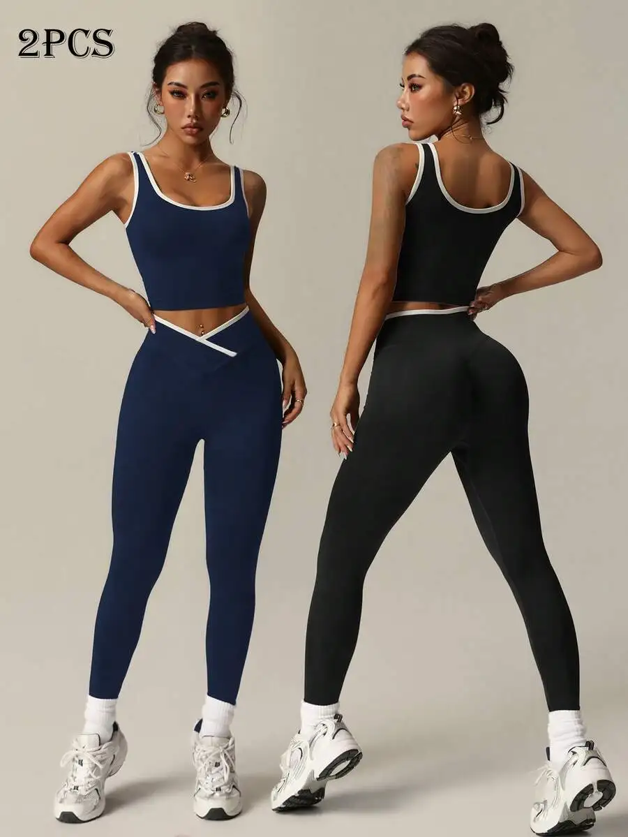 

Womens Contrast Trim Sports Bra And Leggings Set Seamless Yoga Workout Outfit