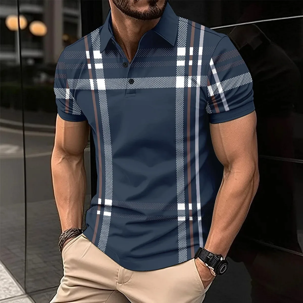 Business Men's Polo Shirt Casual Summer Short Sleeves Tops Plaid Pattern Print Button T Shirt Loose Clothes Fashion Golf Shirts