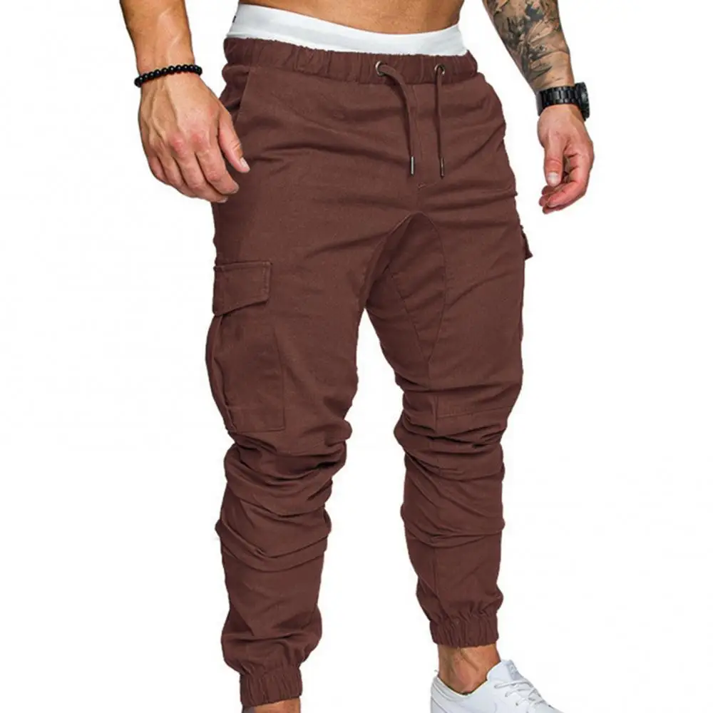 Men Skinny Cargo Pants Solid Color Pockets Drawstring Ankle Tied Sports Running Pants Gym Fittness Training Pants Men\'s Clothing