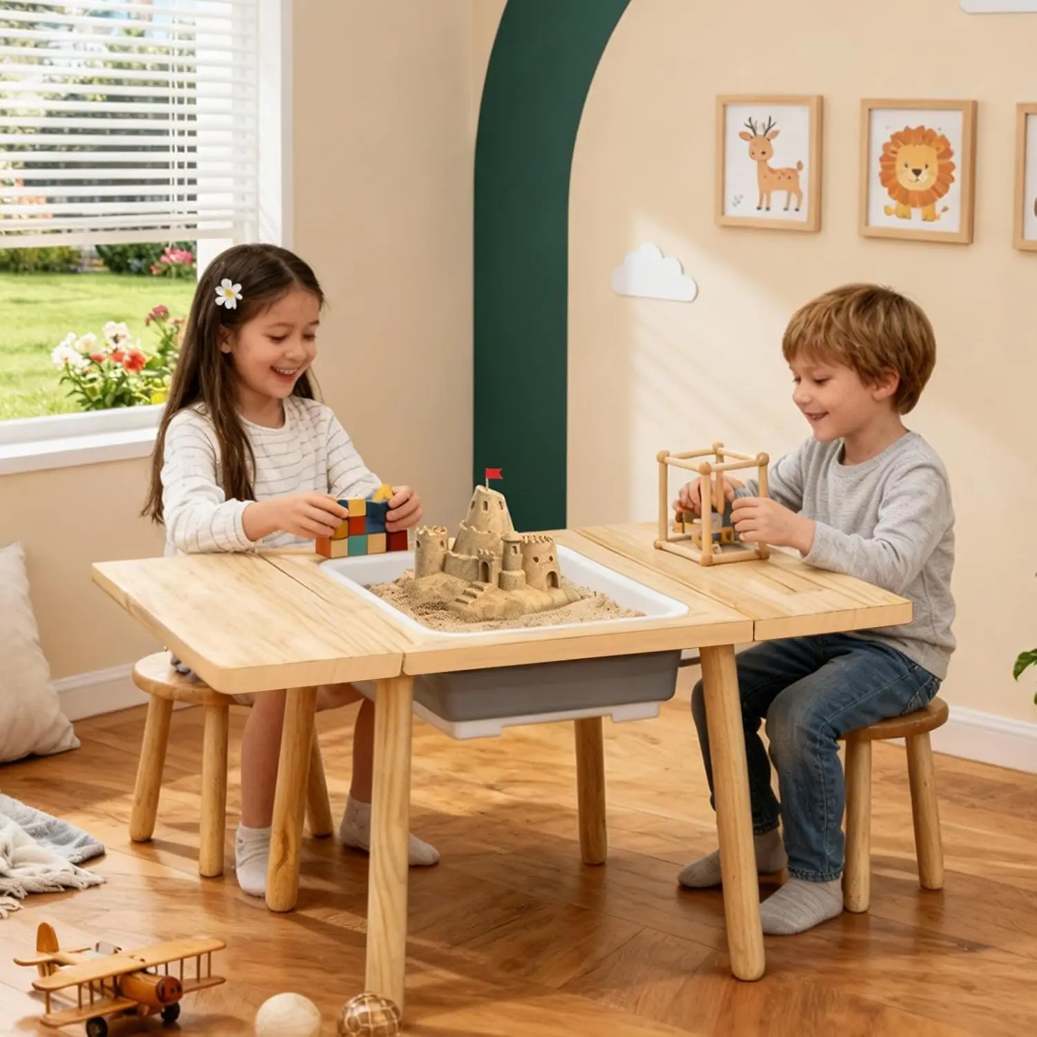 

Wooden Sensory Table for Toddlers 1-3, Flip-Adjustable Desktop, Kids Table with Storage Bins, Gift for Boys & Girls