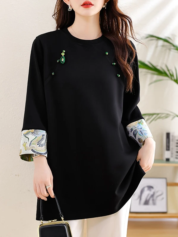 

New Chinese Sle Embroidered Spliced Mid-Length T-irt Large Size Women's Faion plus Size Seven-Sve round Ne Decorat...