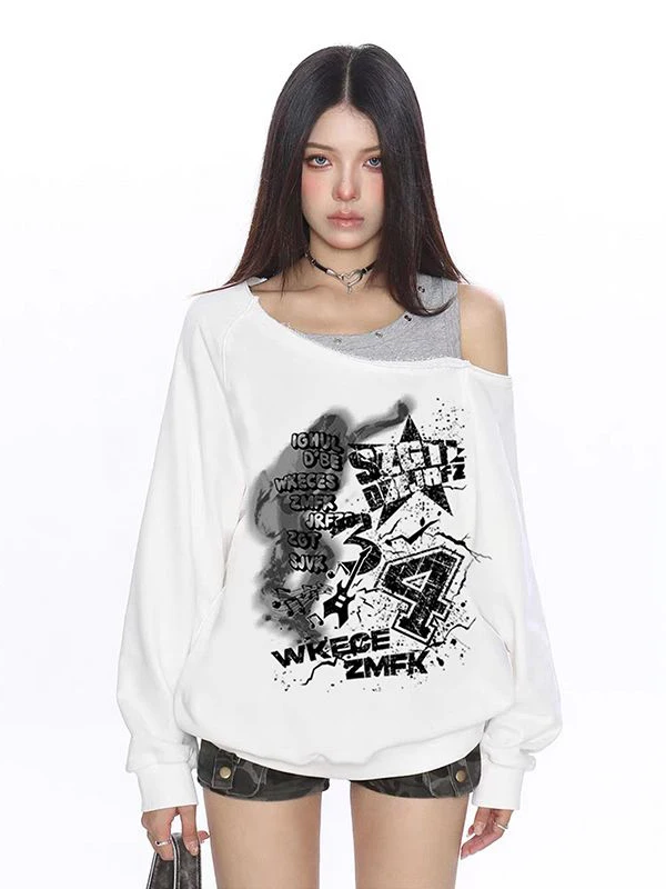 Loose Long Sleeve Fish Scale Sweatshirt Women's Fashionable Printed T-shirt Autumn Seasonal Low Waist Fake Two-Piece Top