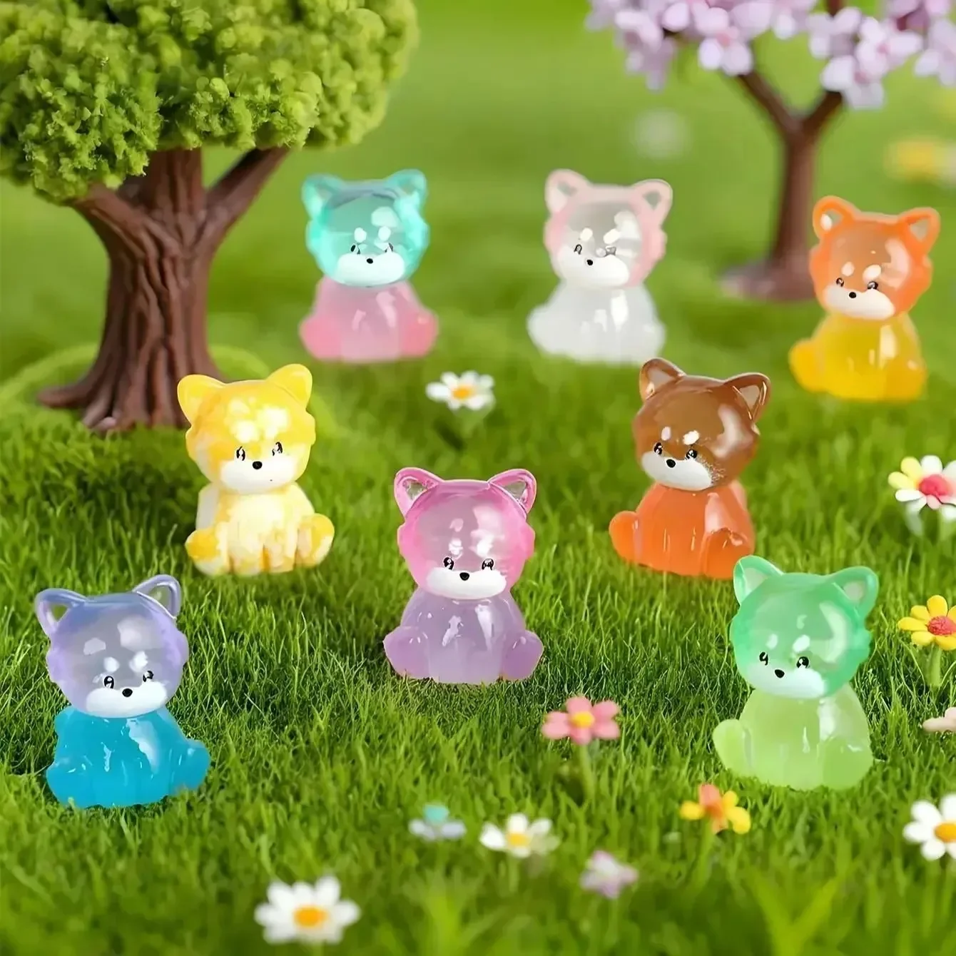 10Pcs Luminous Colorful Mini Raccoon Resin Figurines, Glow in Dark Tiny Animal DIY Potted Plant Ornaments