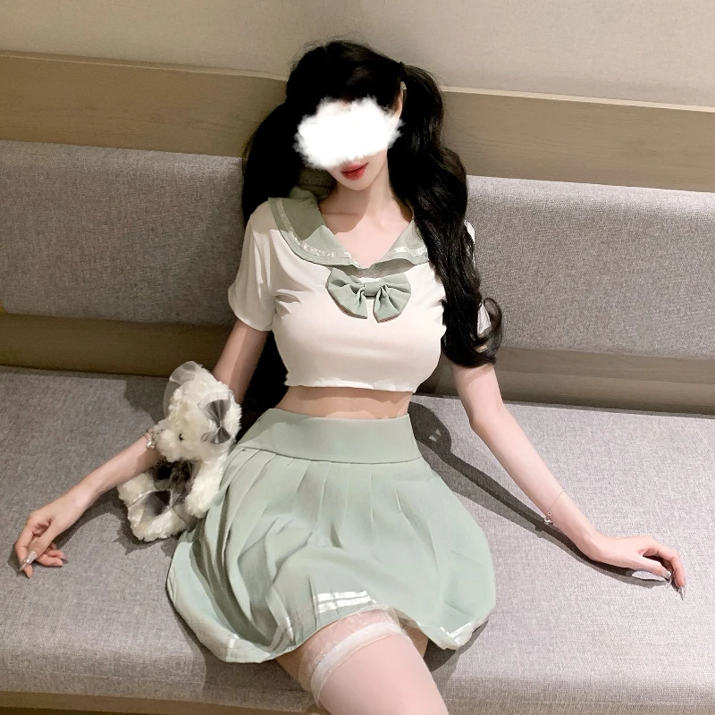 Uroczy top z krótkim rękawem i kokardą, plisowana spódniczka JK, seksowny strój do cosplayu w stylu uczelni, uwodzicielski strój dla par, gra w odgrywanie ról, strój uczennicy.