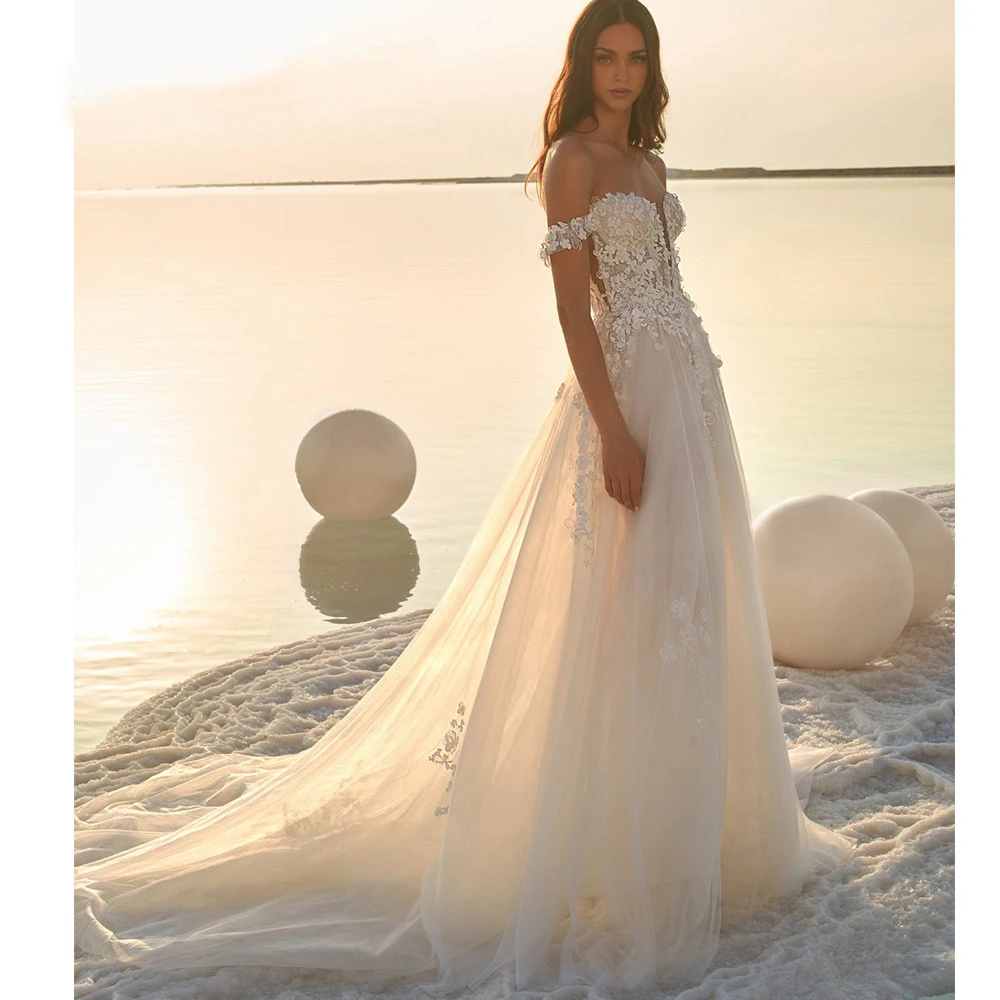 Sexy Beach A Line Silk Tulle Wedding Dress Princess Lace Puff Sleeves Floral Appliques Off Shoulder Civil Bridal Gown