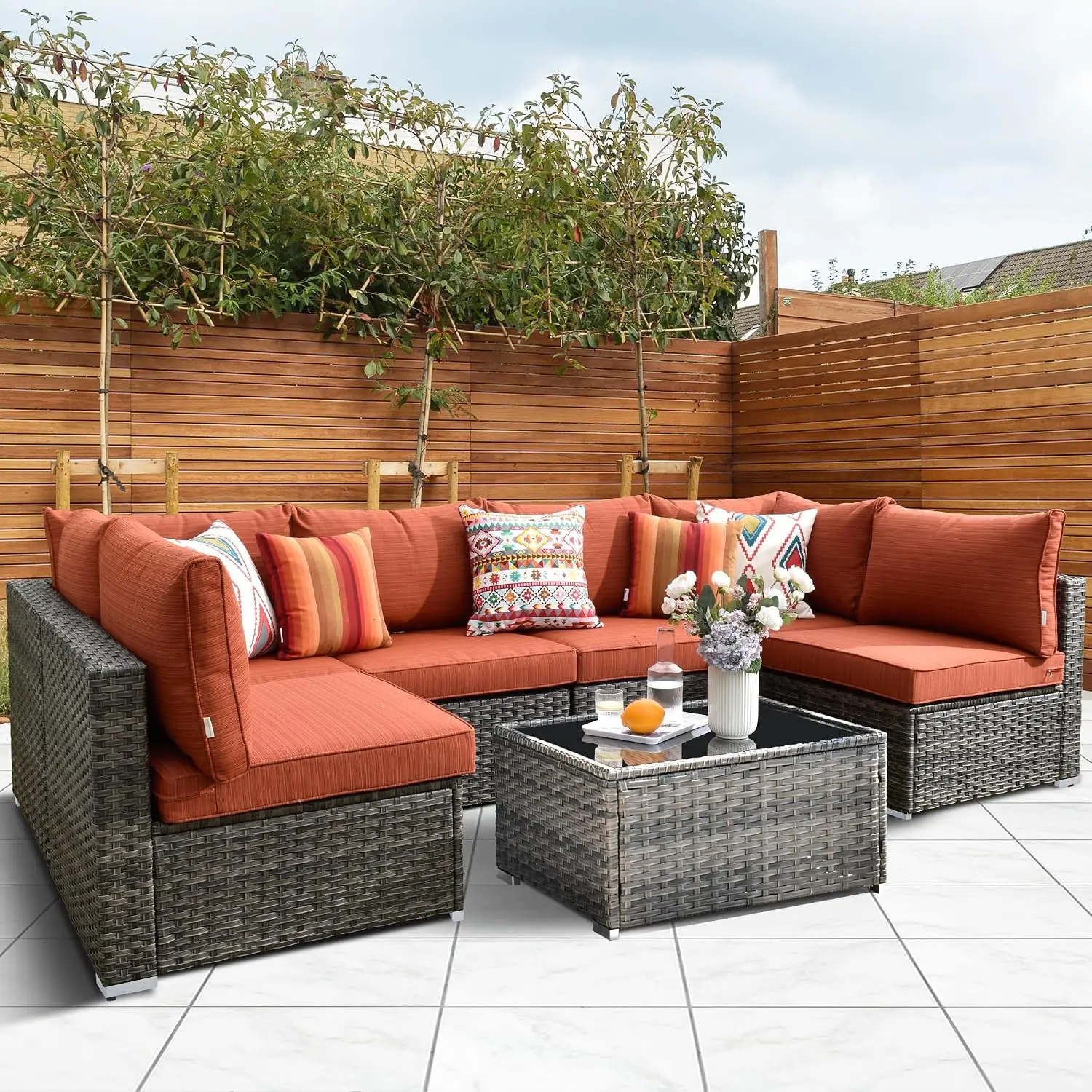 U Shaped Sectional Sofa Set 7 Piece Wicker Rattan Furniture 6 Person Conversation Set Porch Garden Orange Red, Customized