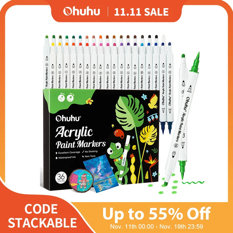 Ohuhu Acrylic Paint Markers Cotton Core 36 Colors Dual Tips Paint Pens High Opacity Acrylic Markers Waterproof Lightfast Drawing