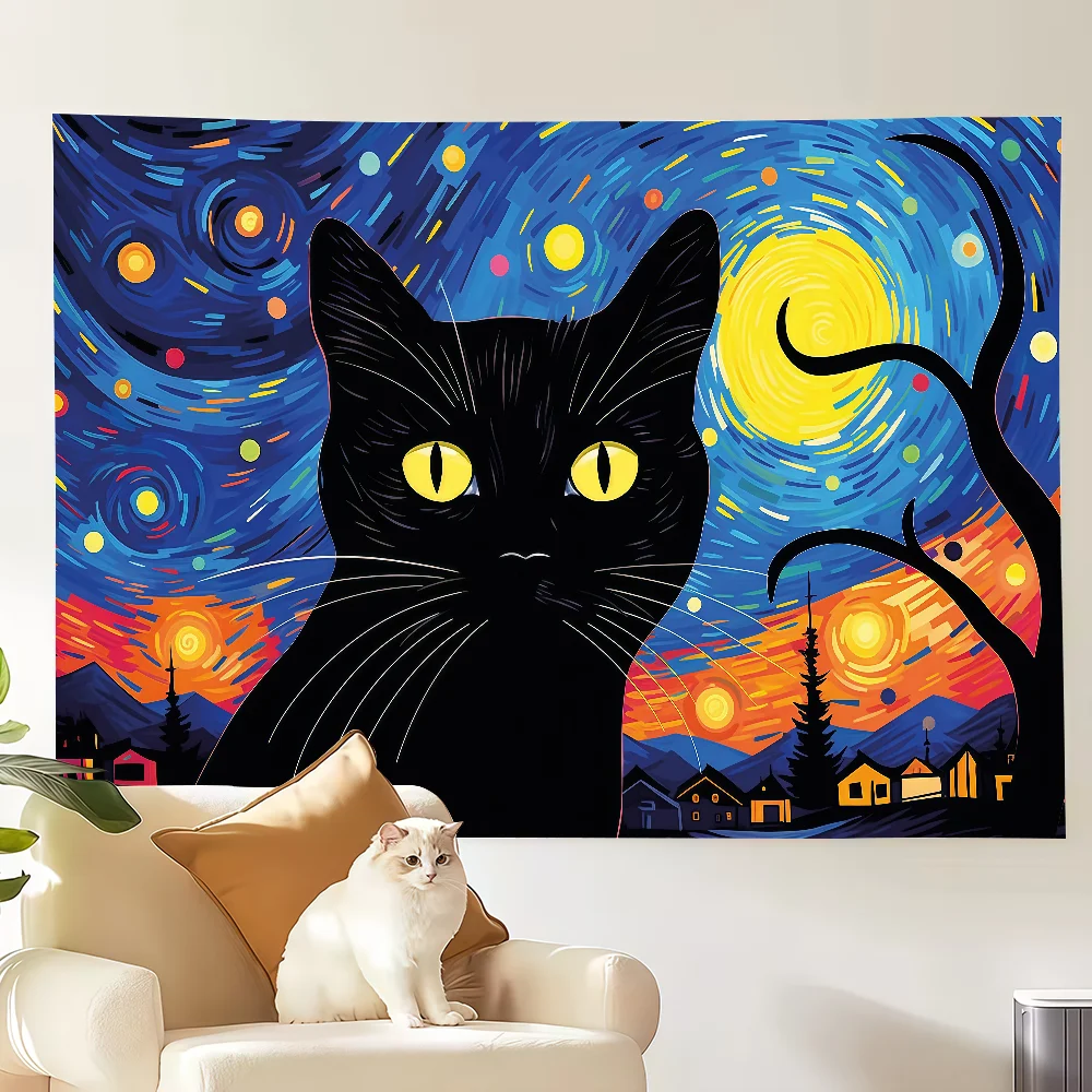 Cute black cat painting under the starry sky flag Decoration Art Picnic Party Home Hanging Camping Outdoor Party Banner