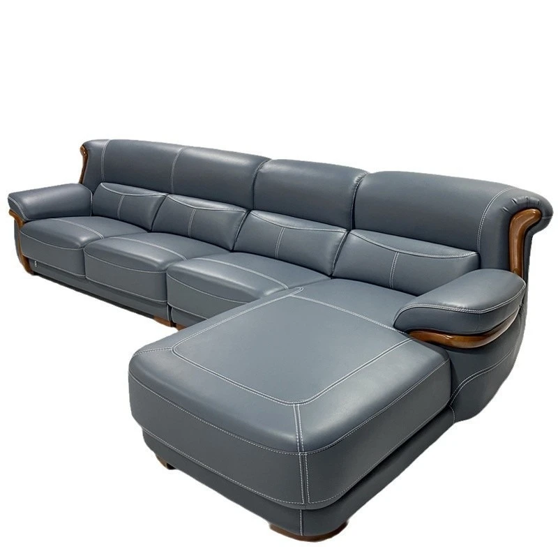 

New Chinese leather sofa, Nordic top layer cowhide living room furniture, modern simple ash solid wood combination
