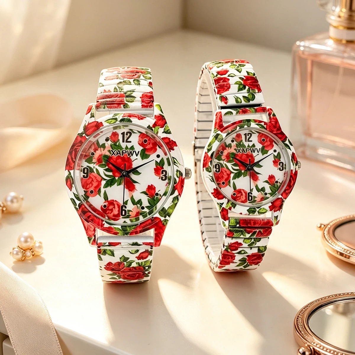 Light Luxury Niche Rose Quartz Women's Watch, Fashionable Casual Elastic Strap Couple Watch Pair