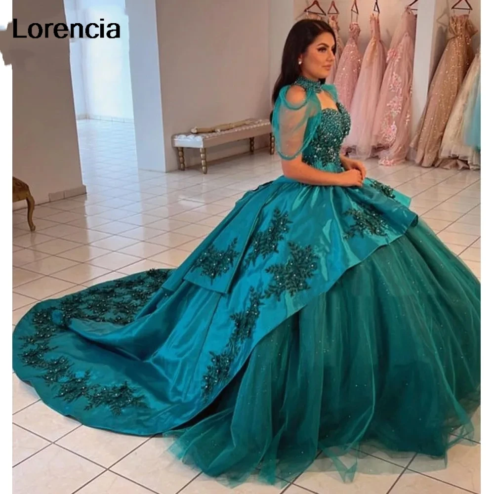 

Lorencia Princess Emerald Green Ball Gown Quinceanera Dress Lace Applique Beading With Cape Sweet 16 Vestidos De 15 Años YQD648