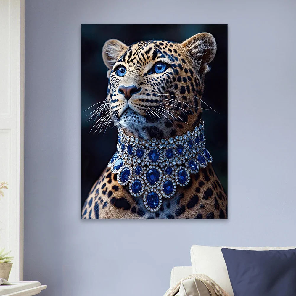 (No frame)Luxury Blue Sapphire Leopard Art Poster Glam Diamond Animal Print Chic Jungle Canvas Painting Elegant Big Cat Fashi