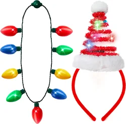 2 Pcs Christmas LED Light Bulbs Necklace Glow Santa Hat Headband for Christmas Holiday Costume Accessories Party Gift Supplies