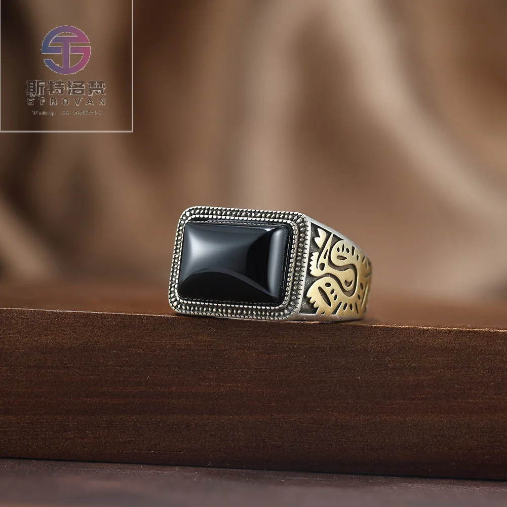 Rinntin NMR16 S925 Sterling Silver Natural Black Agate Stone Men Rings Silver Oxide Ring for Men Wedding Engagement Jewelry