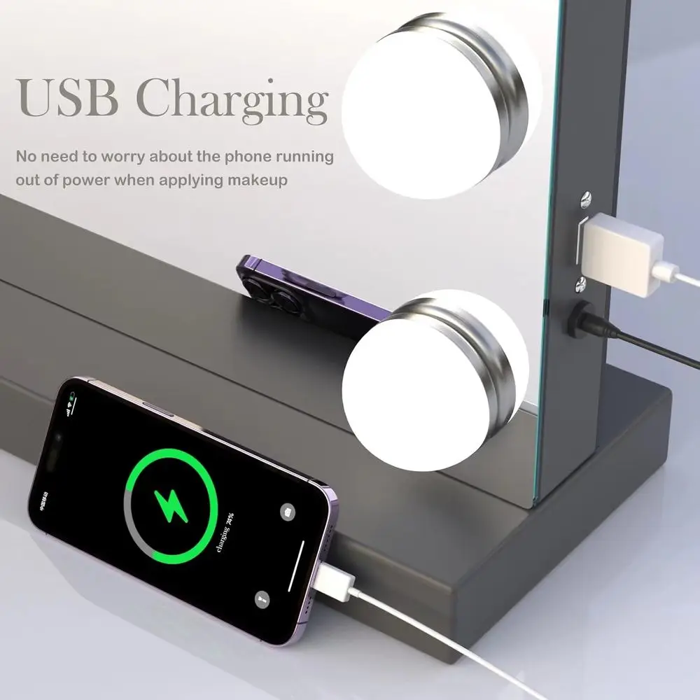 مرآة زينة مضيئة مع 15 مصباح LED، تكبير 10X، شحن USB، 3 خيارات ألوان، إطار معدني #6