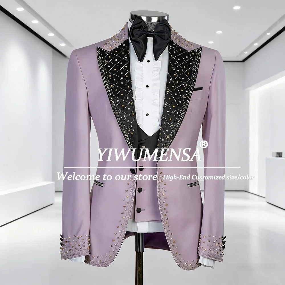 

Мужские костюмы с кристаллами и камнями для свадьбы, роскошные комплекты из 3 предметов, смокинги для жениха, индивидуальные мужские пиджаки для выступлений на сцене, наряды
