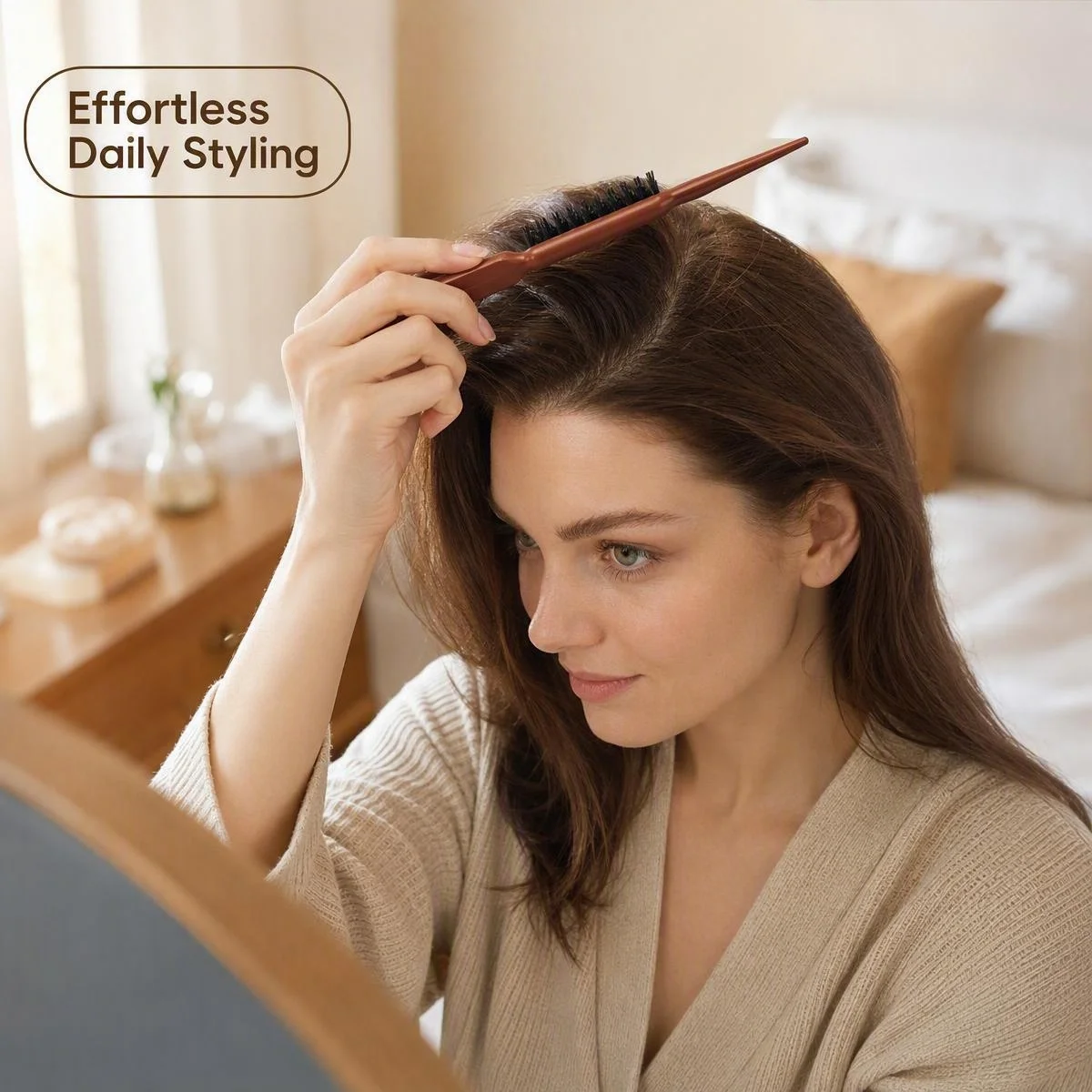 Wood Handle Boar Bristle Teasing Brush 3 Rows Backcombing Comb Fluffy Updo Hair Styling Tool
