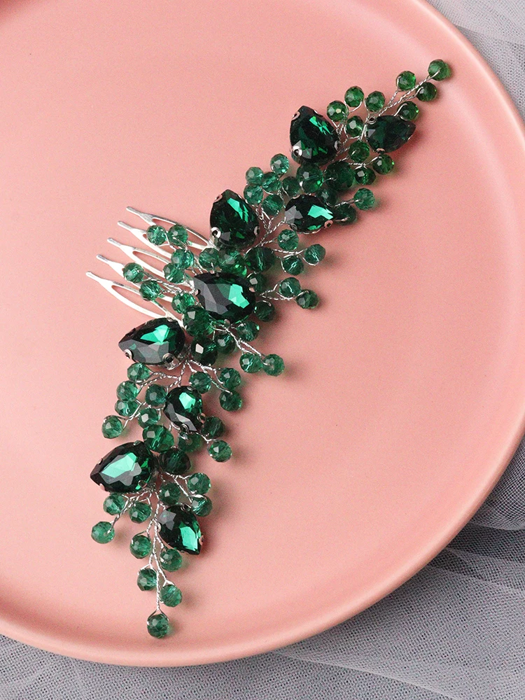 Green Rhinestone Bride Hair Comb Crystal Wedding Head Jewelry Bridal Hair Accessories for Women and Girls Bridesmaid Gift