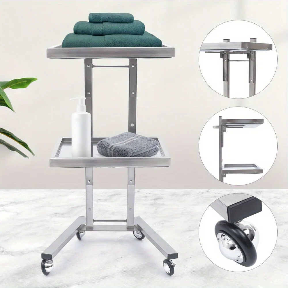 

Stainless Steel 2-Tier Trolley Cart - Hair Salon, Tattoo, Medical Use with Silver Frame