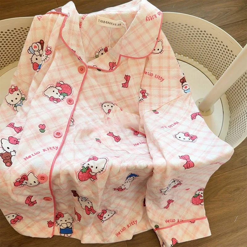 Cartoon Hello Kitty Long Sleeved Pajamas Cute Japan Sweet KT Cat Grid Long Sleeved Pants Student Home Pajamas Suit Kawaii Anime