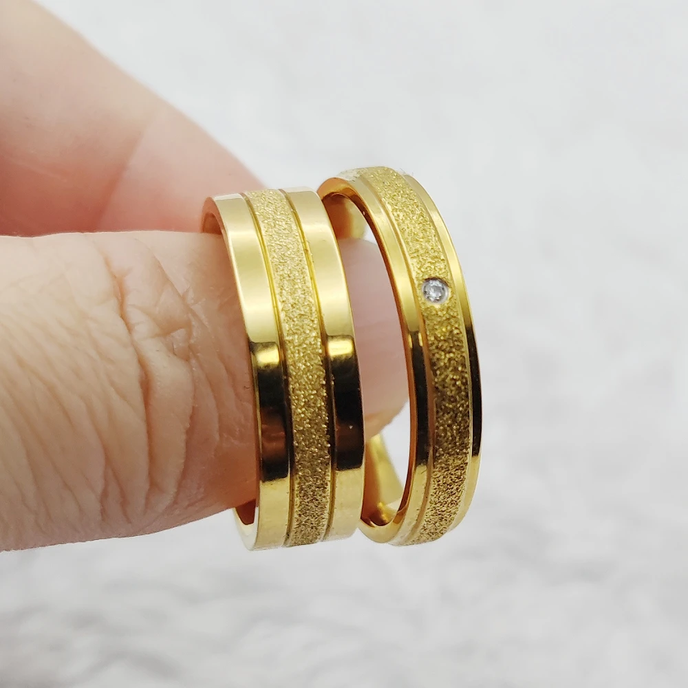 

24K Frosted Gold Plated Wedding Bands Couple Rings Man And Wife Bridal Anniversary Valentines Bridal Jewelry Gifts