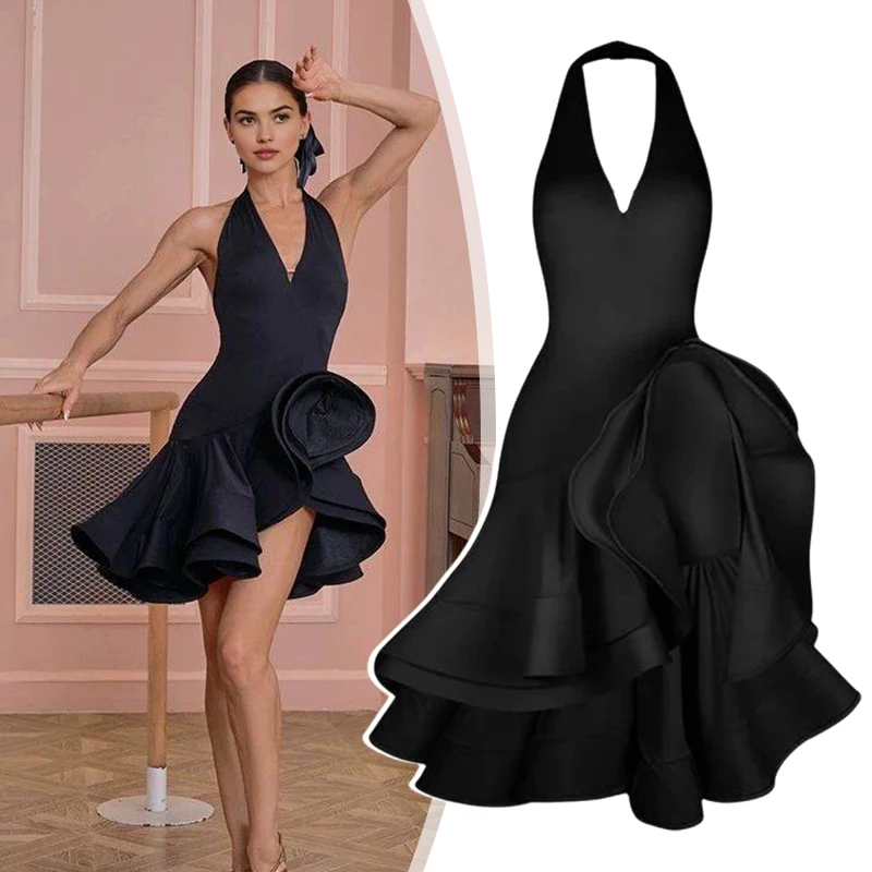 Feminino elegante vestido de dança latina preto sem costas sem mangas samba rumba cha-cha dança de salão traje de desempenho de palco