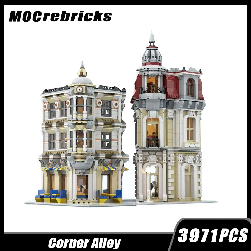 MOC- 158545   Klassieke Street Corner Alley Europese stad Street View modulaire bouwstenen Mini-architectuurmodellen Kid Brick Toys