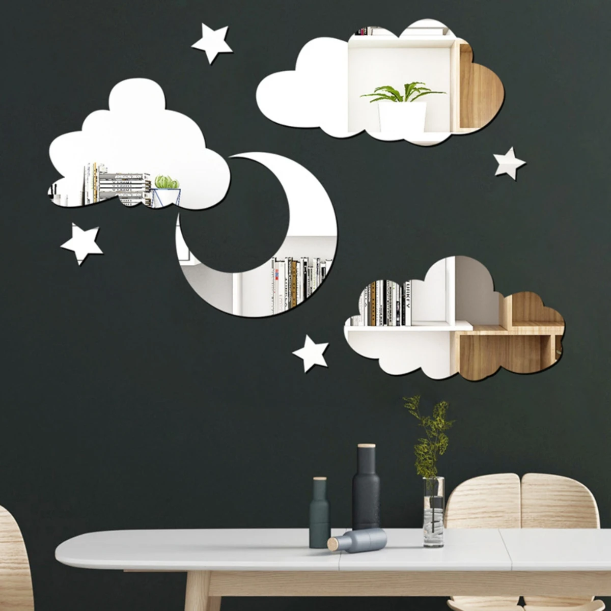 1PC Mirror Wall Sticker Cloud Moon Combination Bedroom and Living Room Mirror Decoration Wall Sticker