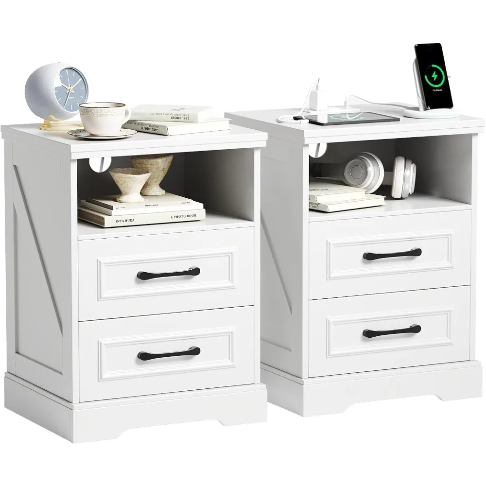 

2pcs Farmhouse Nightstand with Charging Station, Rustic Wood Bedside Table with 2 Drawers and Storage Shelf, Night Stand with Ty