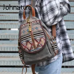 Johnature Vintage Embroidered Backpack 2024 New Denim Fashion Women Chest Bag Versatile Canvas Casual Multi Layer Backpacks