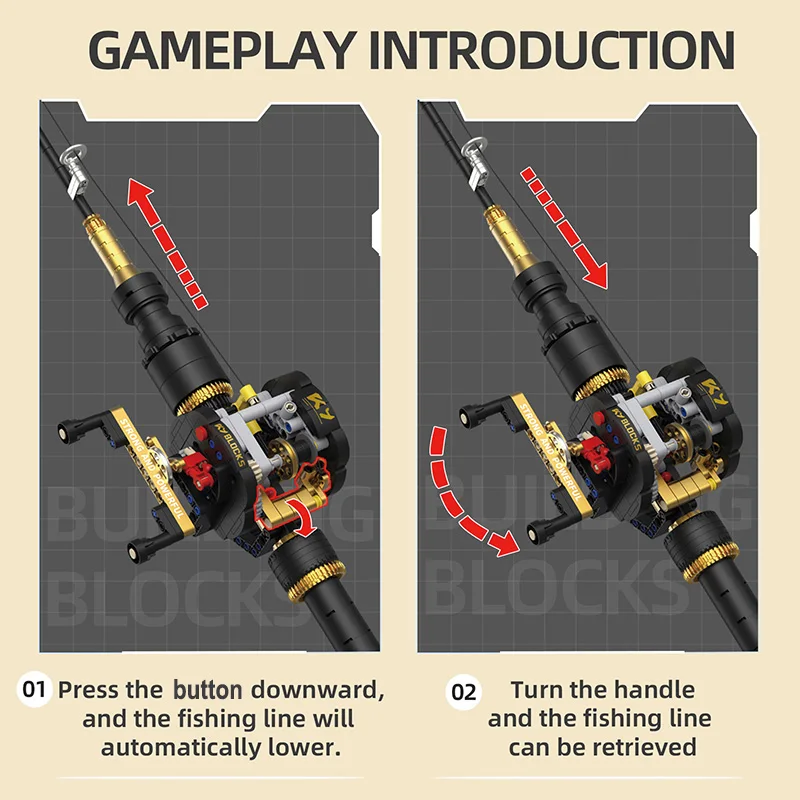 Building Blocks Simulated Sea Fishing Rod with Drum Reel Assemble Kits Creative Ornament Diy Bricks Toys Adult Birthday Gifts