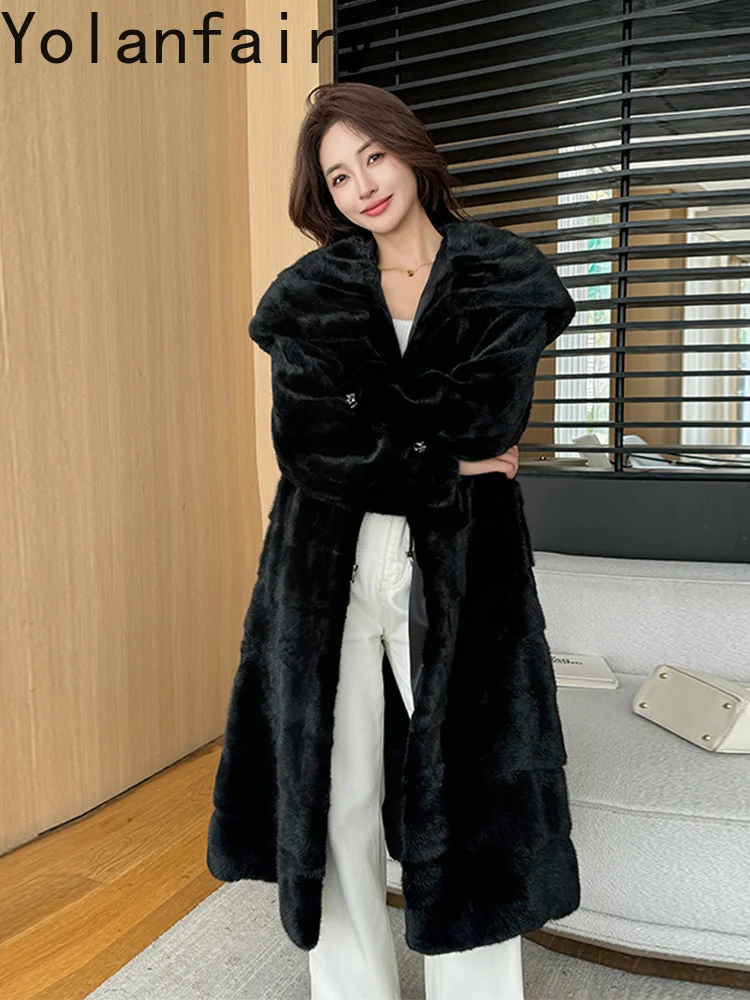 YOLANFAIRY Top Quality Splicing Mink Fur Coats for Women Winter 2025 Fashion Long Real Black Fur Coat Woman Elegant Fur Jacket