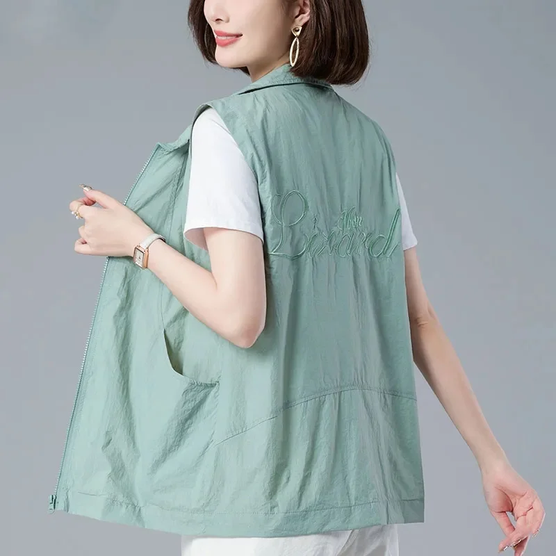 

New Spring Summer Thin Blue Vest Women Lined Casual Sleeveless Jacket Basic Coats Turndown Collar Zipper Waistcoat Female Tops