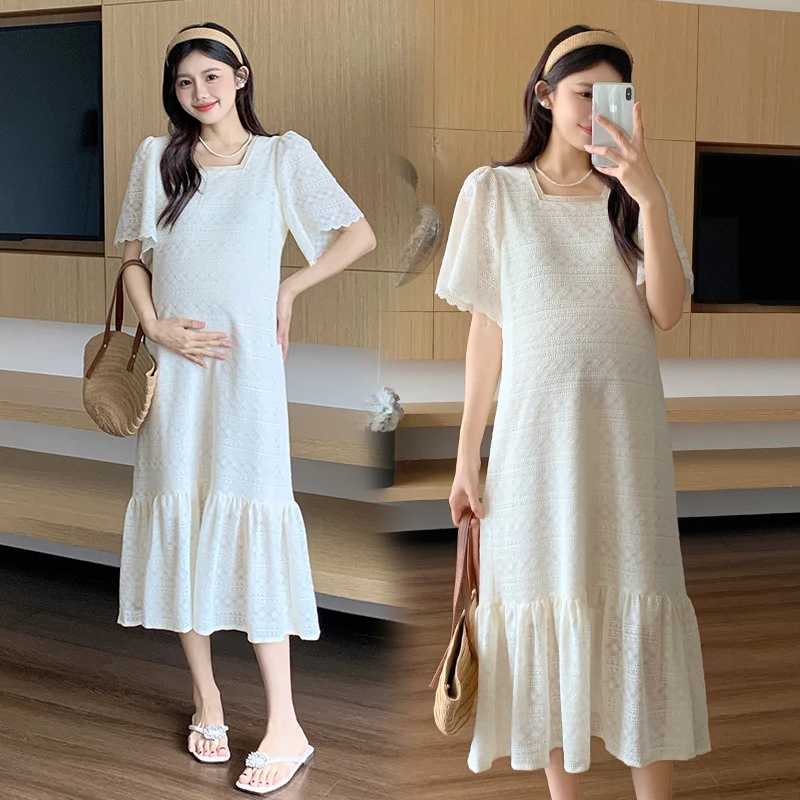 

French Style Summer Maternity Long Lace Dress Square Collar Short Sleeved Fishtail Dresses Sweet Pregnant Woman Mermaid Trumpet