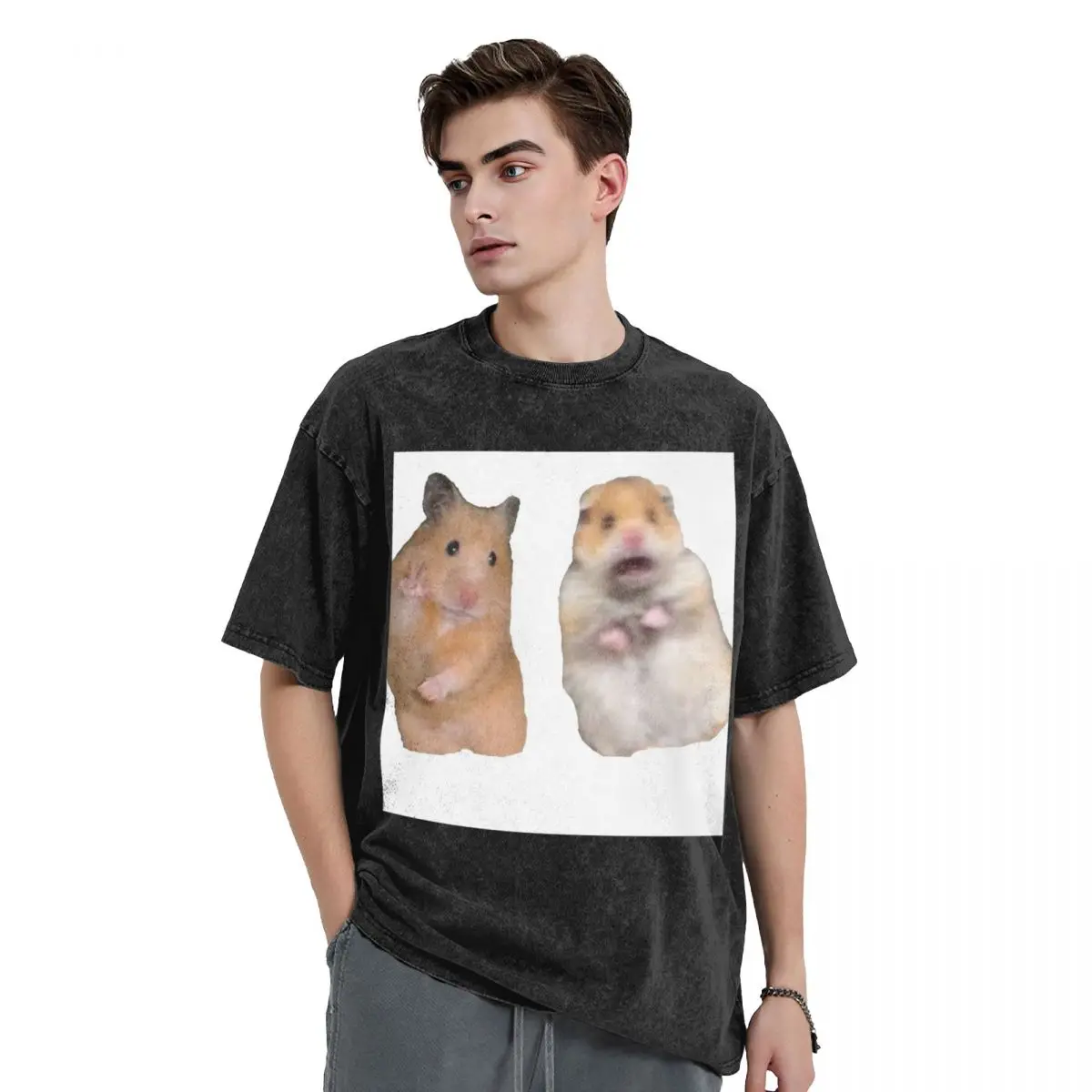 Peace Sign And Screaming Hamster Washed T Shirts Oversized Short Sleeve Hip Hop T-Shirt Streetwear Tops Tees for Men Women