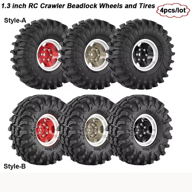 4PCS 1.3 Inch Beadlock Wheels with Tires Upgrade Kit for 1/18 1/24 Scale Traxxas TRX4M Axial SCX24 RC Crawler Car