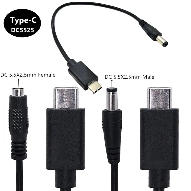 25cm USB Type-C Male to DC Power 5.5X2.5mm Male Female Converter Cable Power Adapter Converter Cable