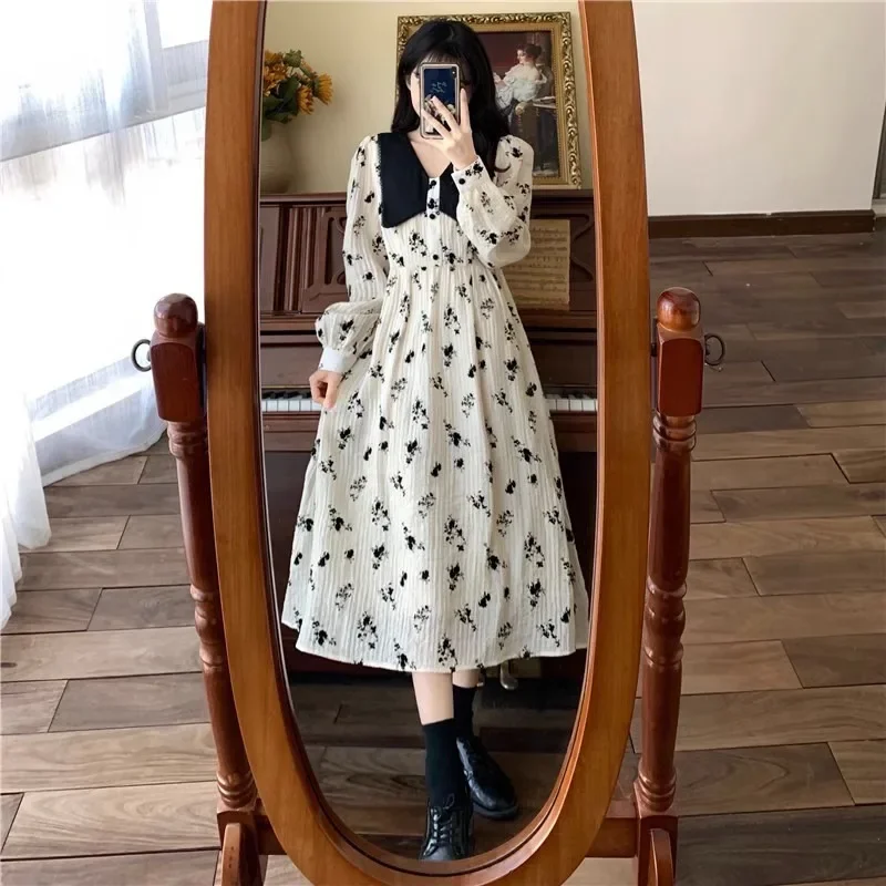 Floral Dresses Women Autumn Gentle A-line Temper French Style Peter Pan Collar Aesthetic Vestidos De Mujer Fashion All-match New