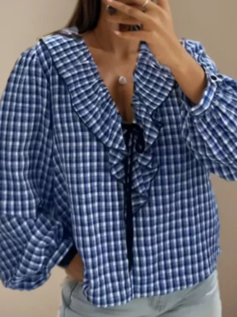 

Осенняя винтажная рубашка-блузка для женщин, топы, новинка 2025 года, женская модная универсальная ламинированная декоративная клетчатая рубашка, женская блузка