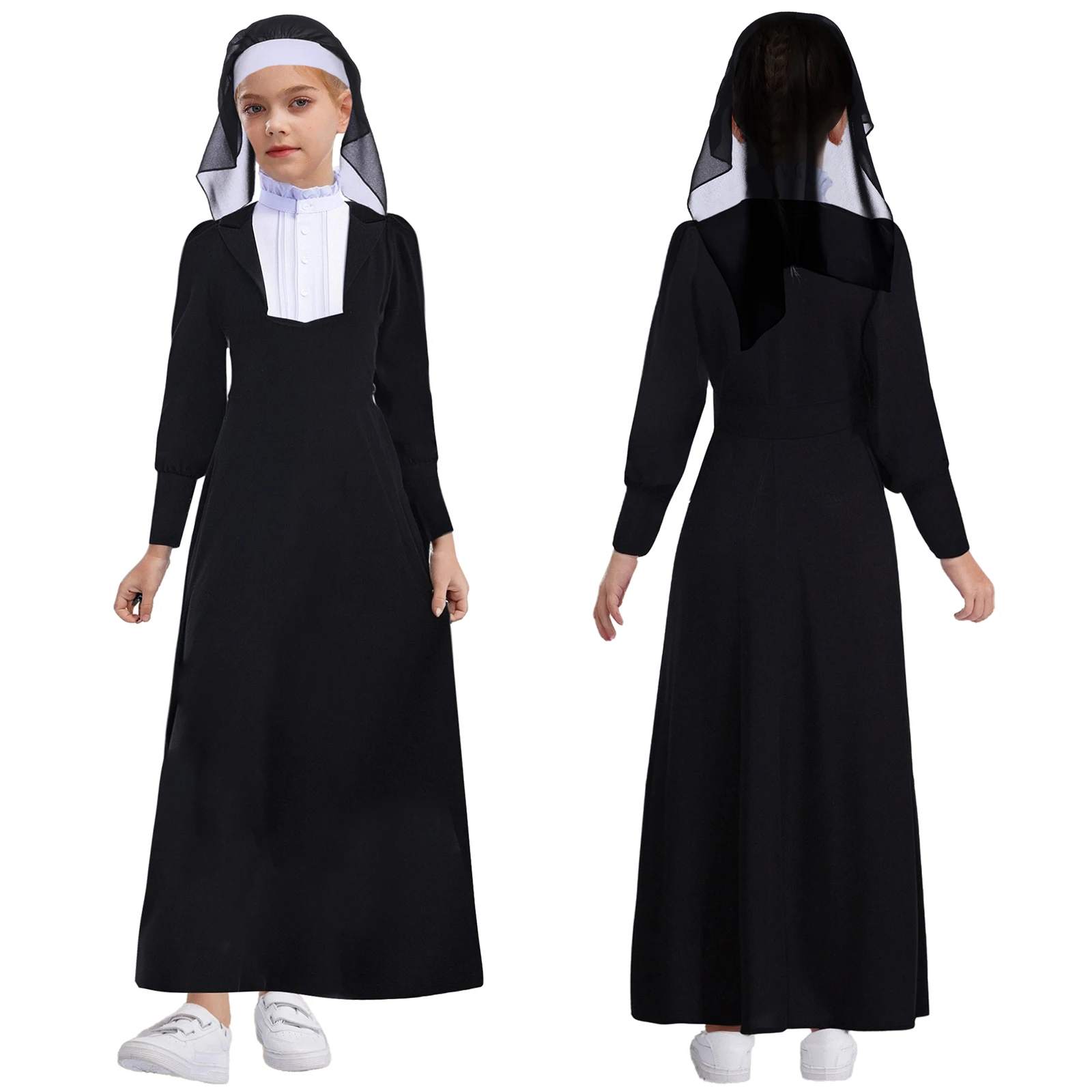 

Halloween Nun Church Priest Preachers Cosplay Dress Robe Carnival Party Nun Dress with Black Veil for World Book Day