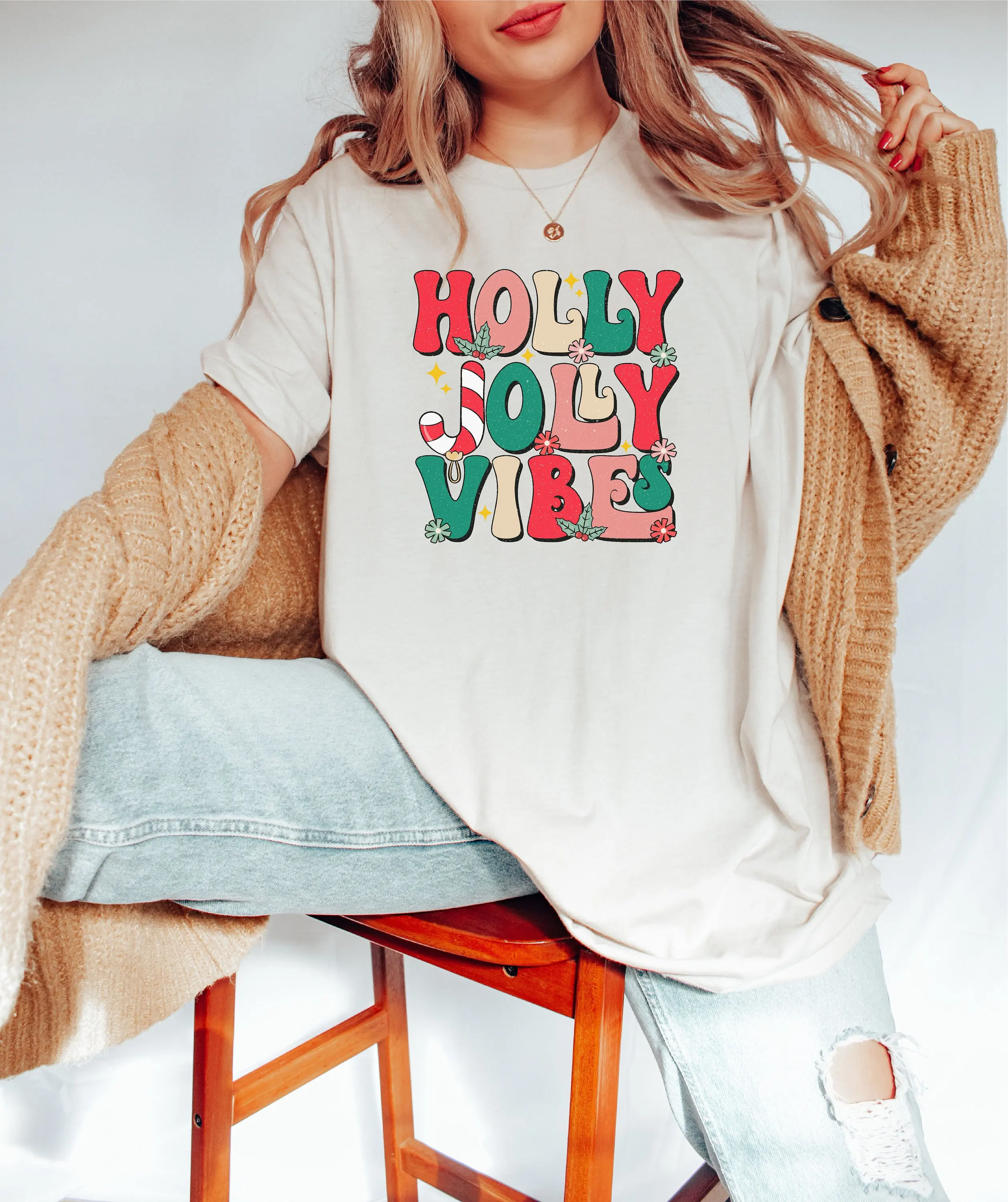 Holly Jolly Vibes T Shirt Santa Retro Christmas Holiday Season Gift Sweater