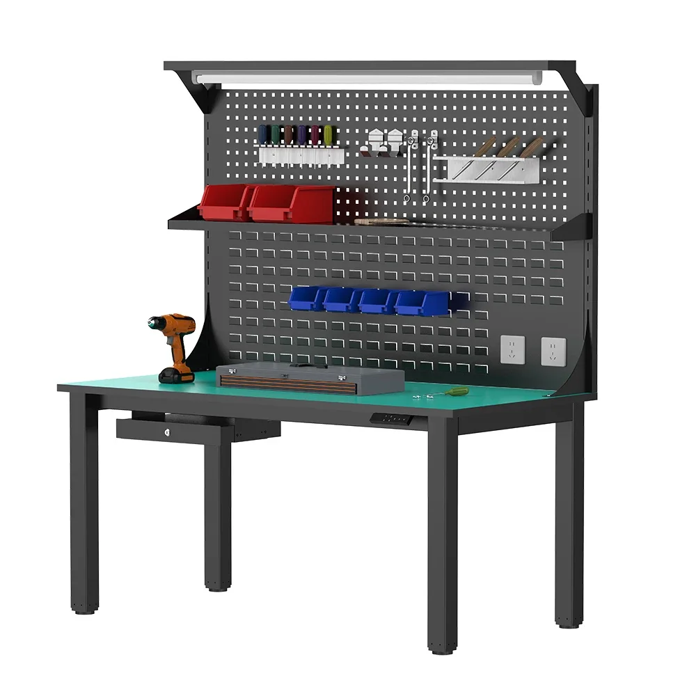 Workshop Staff Workstation With Tool Pegboard Garage Storage Industrial Height Adjustable Work Bench Standing Desk With Drawers