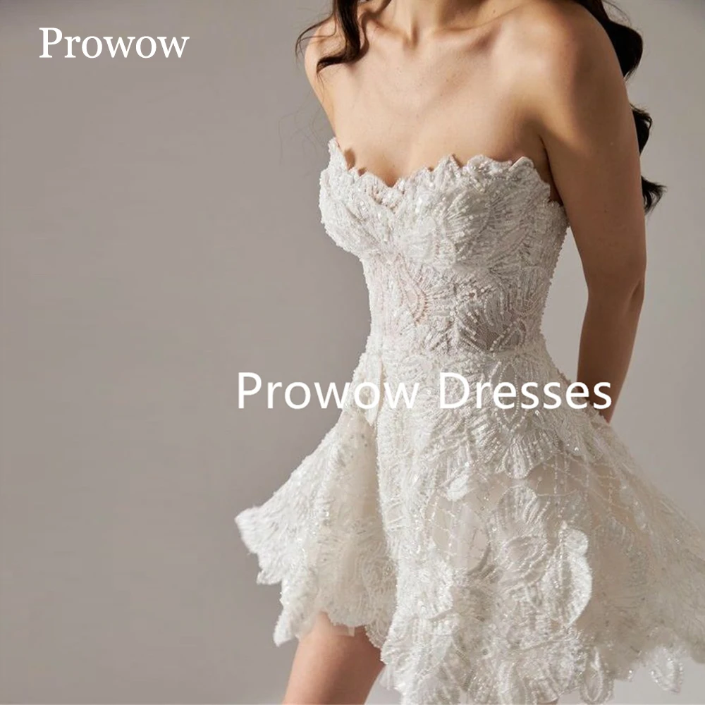 Prowow Luxury Full Beads Lace Mini Short Wedding Dresses Sweetheart Sleeveless Bride Dress Formal Prom Dress Customized