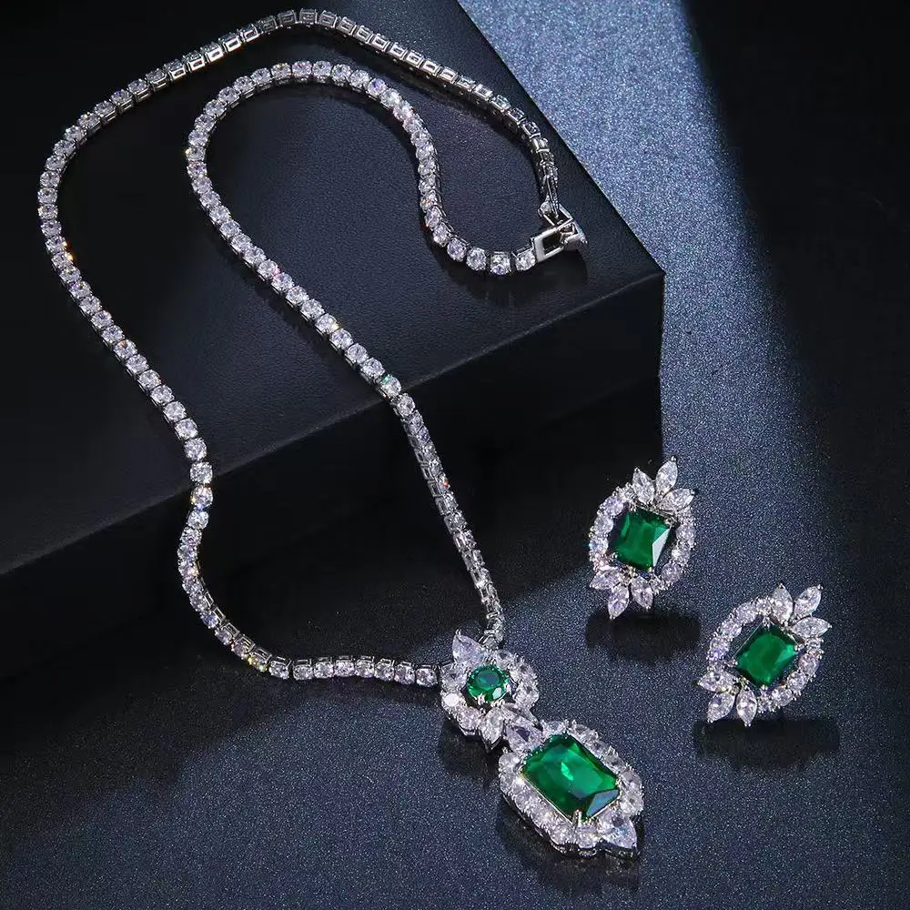

Fine Jewelry Sets For Women Earrings Necklace Set Created Emerald Green Cubic Zirconia Party Wedding Accessories