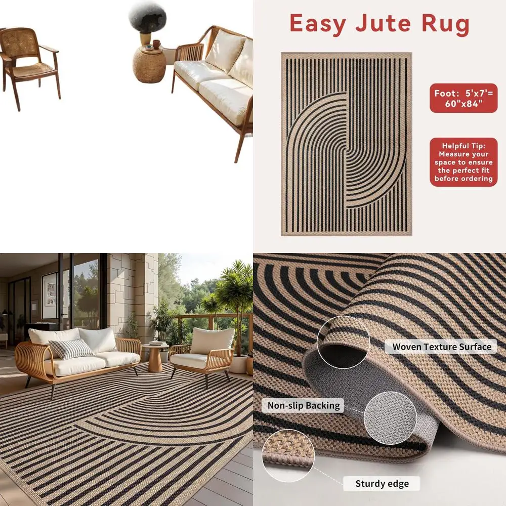 

Large 5x7 Washable Jute Rug - Black Non-Slip Area Rug for Living Room, Dining Room, Bedroom, and Patio with Modern Farmhouse Sty